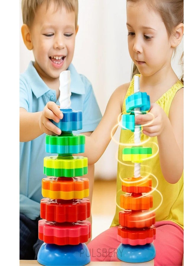 PULSBERY Spinning Stacking Tower for 3+ Kids,Creative Playtime with Rainbow Stacks and Fun with Colorful Gears,Ring Sorting and Learning Through Play,BPA-Free, Non-Toxic (multicolour-8pcs) - Image 1
